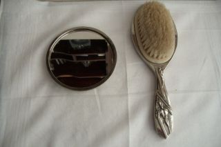 Art Nouveau White Metal Hand Mirror And Brush.