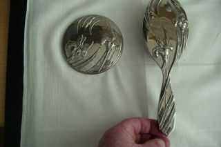 Art Nouveau White Metal Hand Mirror And Brush. 2