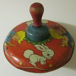 Antique 1940s Metal Toy Spinning Top Wood Handle Hand Painted Personal Col Jd277