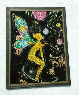 Antique Foil Reverse Glass Painting Gold Fairy Nymph Blowing Bubbles Fantasy