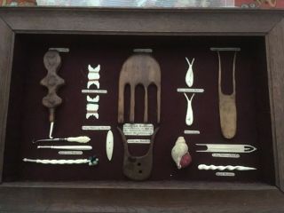 Vintage Antique Sewing Tools Assembled In Case For Hanging Display
