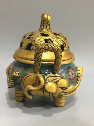 Chinese Cloisonne Incense Burner Carved Elephant Brass Three Feet incense burner 2
