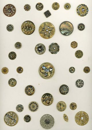 9 X 12 Card Of 37 Brass With Cut Steel Buttons.  Some Pictorial.