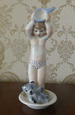 Soviet Girl Swims With A Teddy Bear Ukrainian Russian Porcelain Figurine 1028u