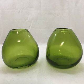 Mid Century Modern Green Handblown Glass Vases,  Pair