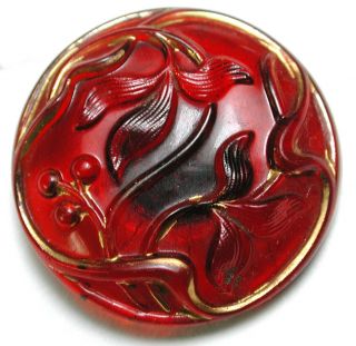 Bb Antique Victorian Ruby Glass Button Art Nouveau Flowers W/ Gold Luster 7/8 "