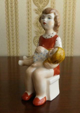 Ussr Russian Girl Child Playing With A Doll Russian Porcelain Figurine 9936c