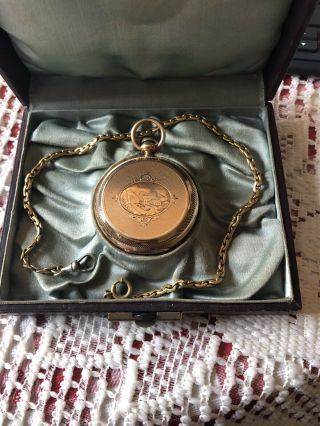 American Watch Co.  Gold Open Face Sidewinder Pocket Watch With Chain & Case