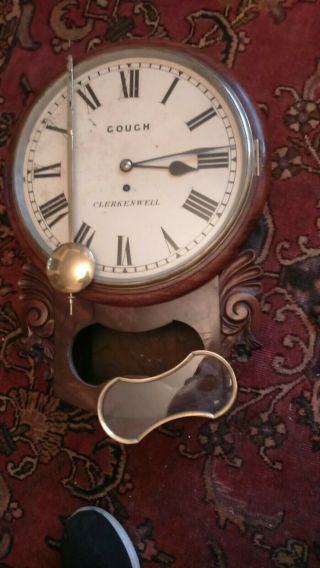 London Antique Single Fusee Carved Mahogany English 8 Day Drop Dial Wall Clock 12