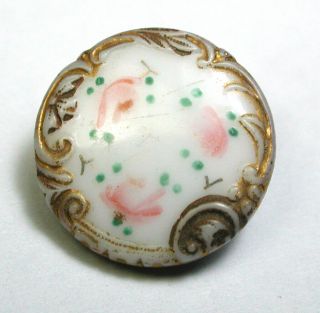 Bb Antique Victorian Glass Button W Claw Shank Hand Paint Flowers 1/2 Inch