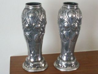 Pair Antique Art Nouveau Pewter And Silver Plate Vases