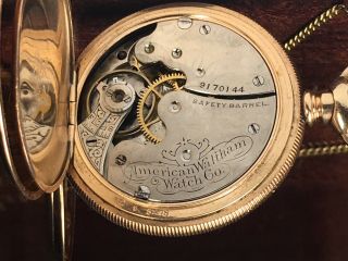 ANTIQUE 14k GOLD FILLED WALTHAM HUNTER CASE POCKET WATCH w/CHAIN keeps time 1899 4