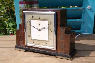 Vintage Smiths Art Deco Clock Cenerpiece Geometric Stepped Wood Case 1930 