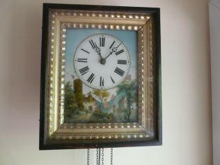 Antique Wag On Wall Clock Reverse Painted Glass German