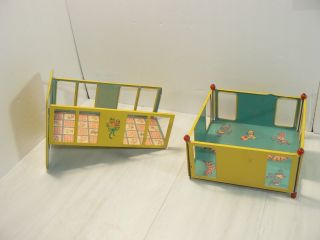 Vintage J.  Chein Tin Toy Doll Set Crib & Play Pen Both Missing A Piece Read Descr