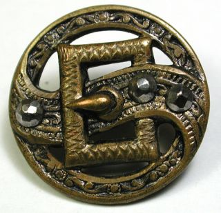 Bb Antique Pierced Brass Button W Cut Steel Accents Buckle & Belt Design 3/4 "