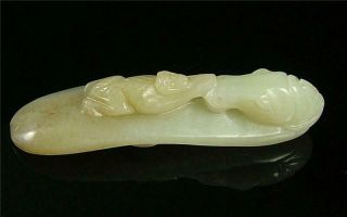 Fine Old Chinese Celadon Nephrite Jade Belt Hook Buckle Statue Monkey On Horse