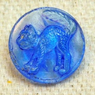 Antique Vtg Glass Button See Thru Blue Kitty Cat 1/2 G