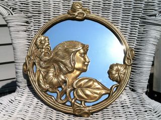 Vintage Hand Crafted Solid Brass Art Nouveau Mirror Woman 