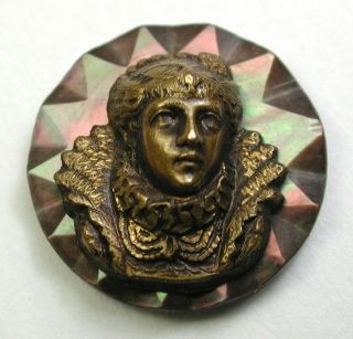 Bb Antique Iridescent Carved Shell Button W/ Brass Mary Stewart Head - 5/8 "