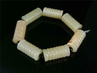 Fine Old Chinese Celadon Nephrite Jade Carved Bracelet Prayer Beads Dum Style