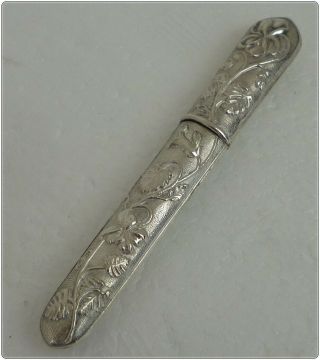 Antique French Art Nouveau Sterling Silver Needle Case Violet Pattern