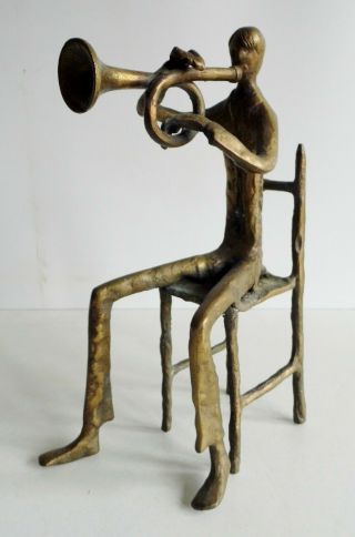 Very Unusual Old Modernist Bronze Sculpture - Stylised Seated Trumpet Player