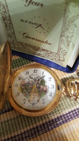 Vintage Arnex Pocket Watch,  Hunter Case,  17 Jewel,  Incabloc Swiss Made,  Runs,  chain 2