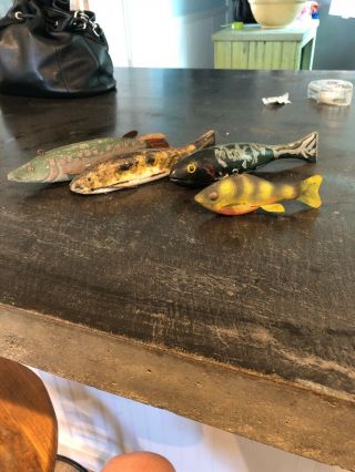 Aafa 4 Carved Ice Fishing Decoys,  1 Signed,  Cal? 3 Old Ones W/ Some Damage.  Nr