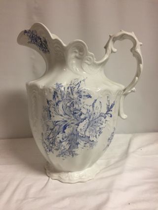 Antique Victorian China Water Pitcher Large Blue White Floral Crazing 12.  5”