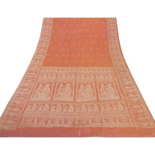 Sanskriti Vintage Peach Saree Pure Silk Baluchari Woven 5 Yd Fabric Craft Sari