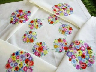 Vintage Tablecloth Hand Embroidered - Flowers In Vibrant Colours - Linen