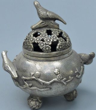 Collectable Handwork Miao Silver Carve Plum Blossom Bird Precious Incense Burner