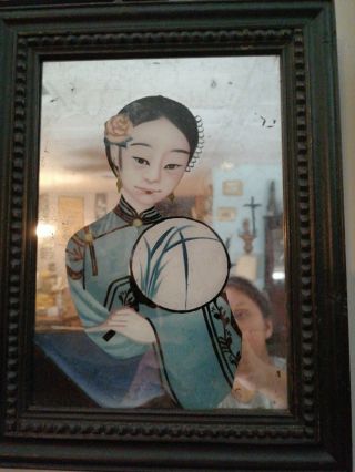 Framed Vintage/antique Chinese Reverse Glass Painting Geisha With A Fan