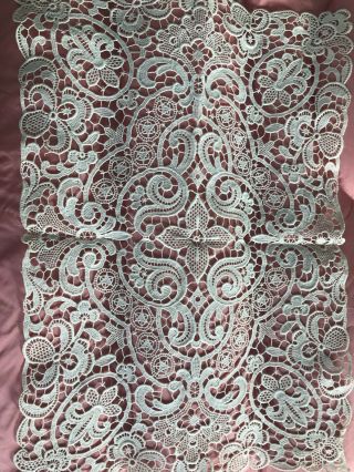 Antique French Needlepoint Lace Textile Creamy White Ornate Flowers Stars Cotton 2