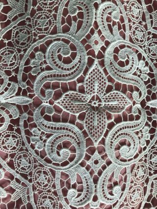 Antique French Needlepoint Lace Textile Creamy White Ornate Flowers Stars Cotton 3