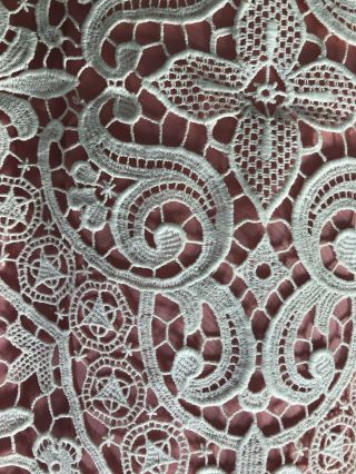 Antique French Needlepoint Lace Textile Creamy White Ornate Flowers Stars Cotton 4