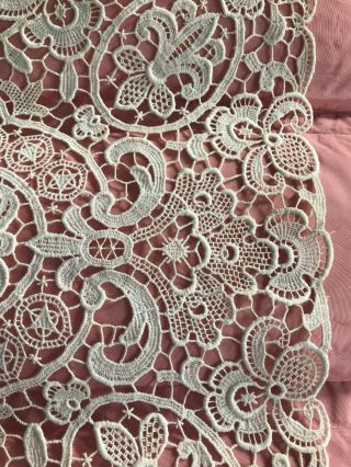 Antique French Needlepoint Lace Textile Creamy White Ornate Flowers Stars Cotton 5