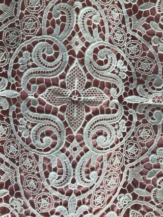 Antique French Needlepoint Lace Textile Creamy White Ornate Flowers Stars Cotton 7