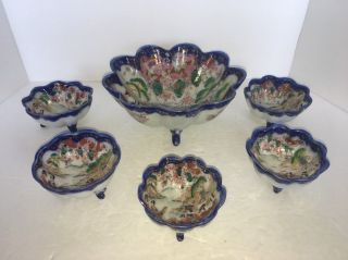Antique Hand Painted Japanese Satsuma Kutani Geisha Soy Sauce Bowls & Rice Bowl
