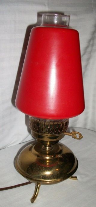 Vintage Atomic Era Brass 3 Leg Table Lamp Red Glass Shade Mid Century