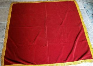 Antique Red Velvet Tablecloth,  Square,  52 " X 52 ",  Gold Bullion Fringe Chinese