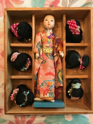 Antique Hanako Japanese Doll With 6 Wigs Box No Lid