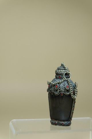Chinese Tibetan Horn Bronze Brass Snuff Bottle Pendant With Gems Inlay.