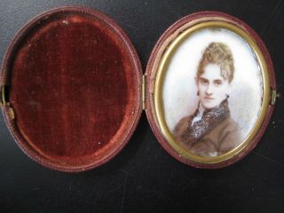 Portrait Miniature 1875 Hand Painted On Bisque? In Period Leather Oval Case