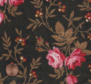 Antique 1880 Brown With Pink Flowers & Berries Fabric