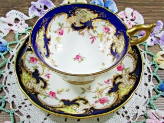 Coalport Hp Pink Roses Gold Scrolling Cobalt Blue Tea Cup And Saucer
