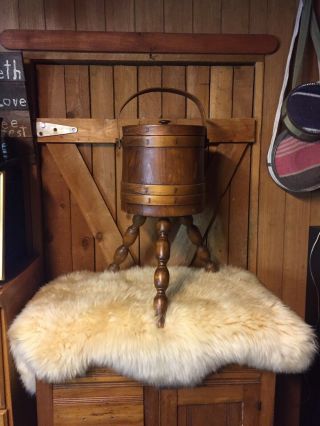 Antique Firkin Sugar Sewing Bucket 3 Leg Stand Stapled Bands Amish Shaker Basket