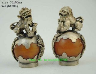 China Tibet Silver Mosaic Jade Dragon Phoenix Foo Dog Lion Statue Pair Ball B01
