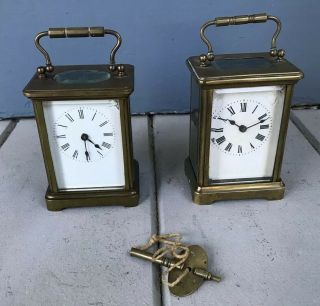 2 Antique Vintage 4” Brass & Glass Carriage Shelf Mantel Clock Wind Up France